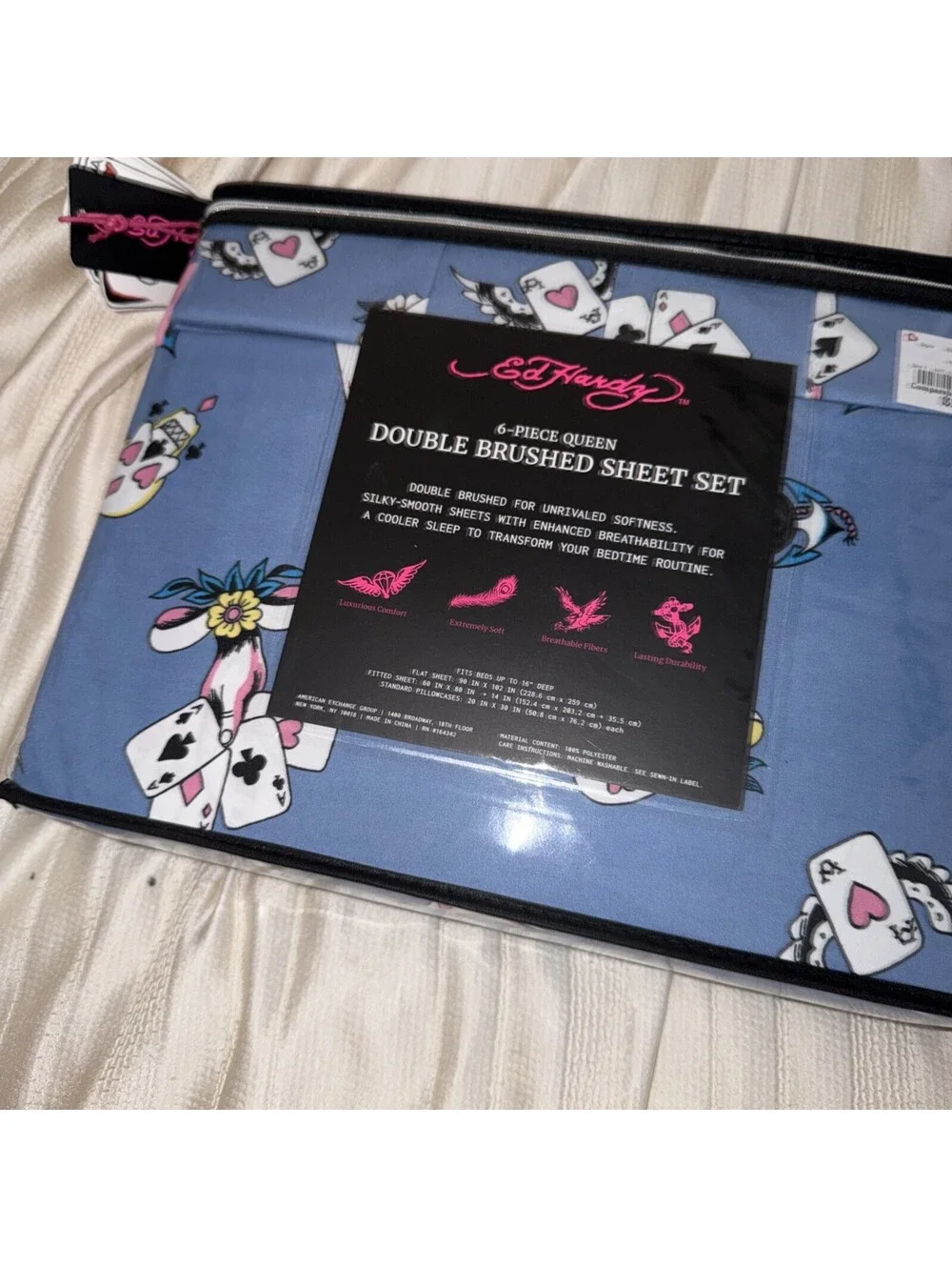 Ed Hardy Blue Six Piece Queen Sheet Set.